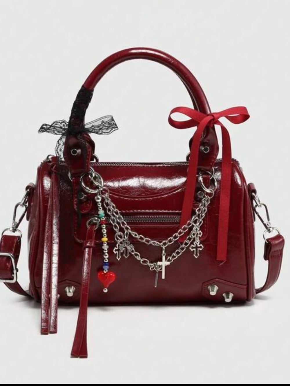NWOT Deep Red Vegan Leather Handbag with Crossbody Strap and‎ Bag charms